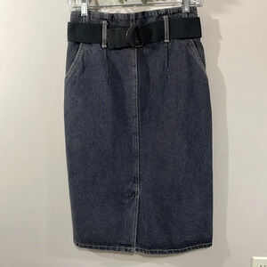 Vintage Chic Y2K High Waisted Denim Jean Belted Pencil Skirt Black Wash 9